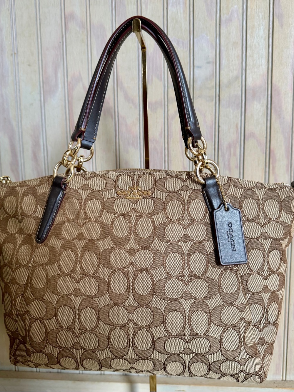 Coach Brown Signature Canvas Tote with Dark Brown Leather Handles